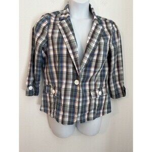 Cropped Blazer Jacket  90s Vintage Women Size 14/ L Blue White Cotton Plaid